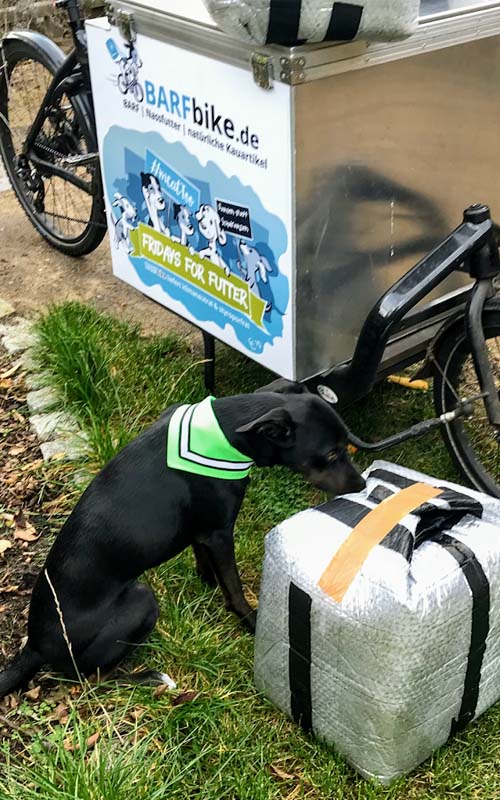BARF Lieferservice Berlin: Lastenrad von BARFbike bei der Auslieferung